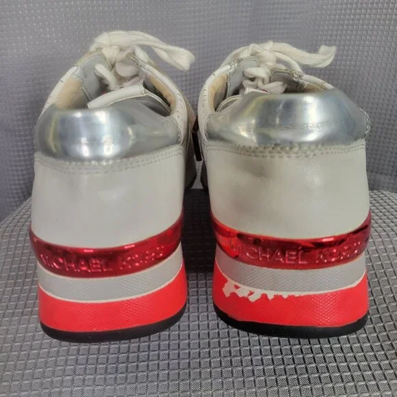 Michael Kors Womens Size 7M Sneakers Allie Perforated Leather Lace-up Gray Red - Picture 8 of 12